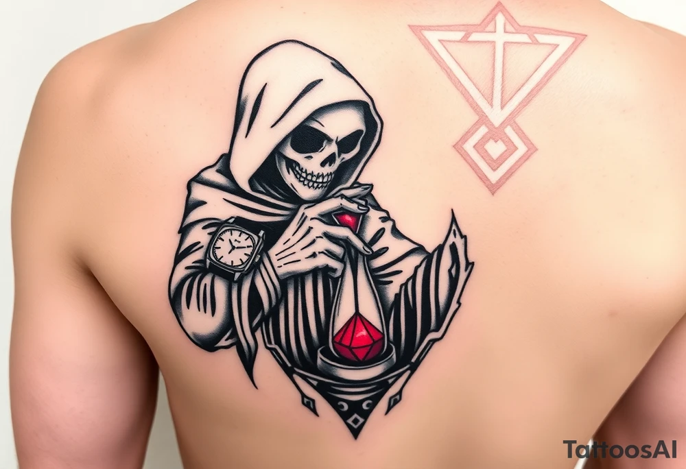 Simple grim reaper looking at a watch on his wrist with a hourglass with red sand and diamond geometric shapes for the thigh tattoo idea