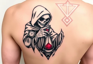 Simple grim reaper looking at a watch on his wrist with a hourglass with red sand and diamond geometric shapes for the thigh tattoo idea