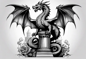 Small Dragon after a war, standing on two broken roman columns showing us his back tattoo idea