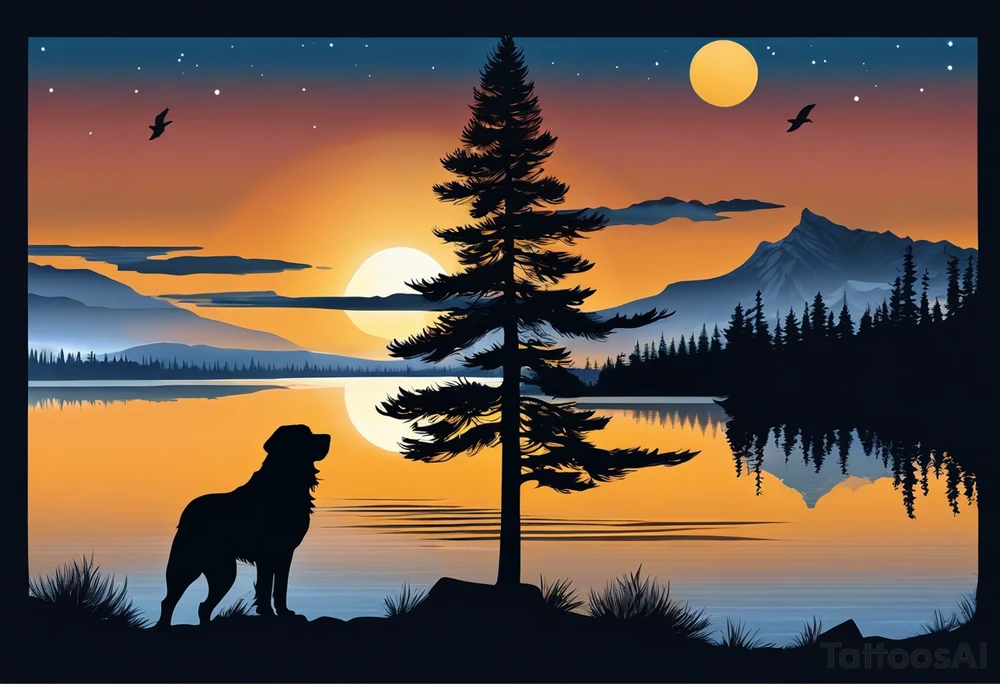 Sleeve tattoo windswept pine tree before lake with low hills on far side of lake. Mastiff silhouette in the foreground. with a dock coming out from the shore. Canadian shield. 
Include the words: "If the sun refused to shine
I would still be loving you
When mountains crumble to the sea
There will still be you and me" tattoo idea