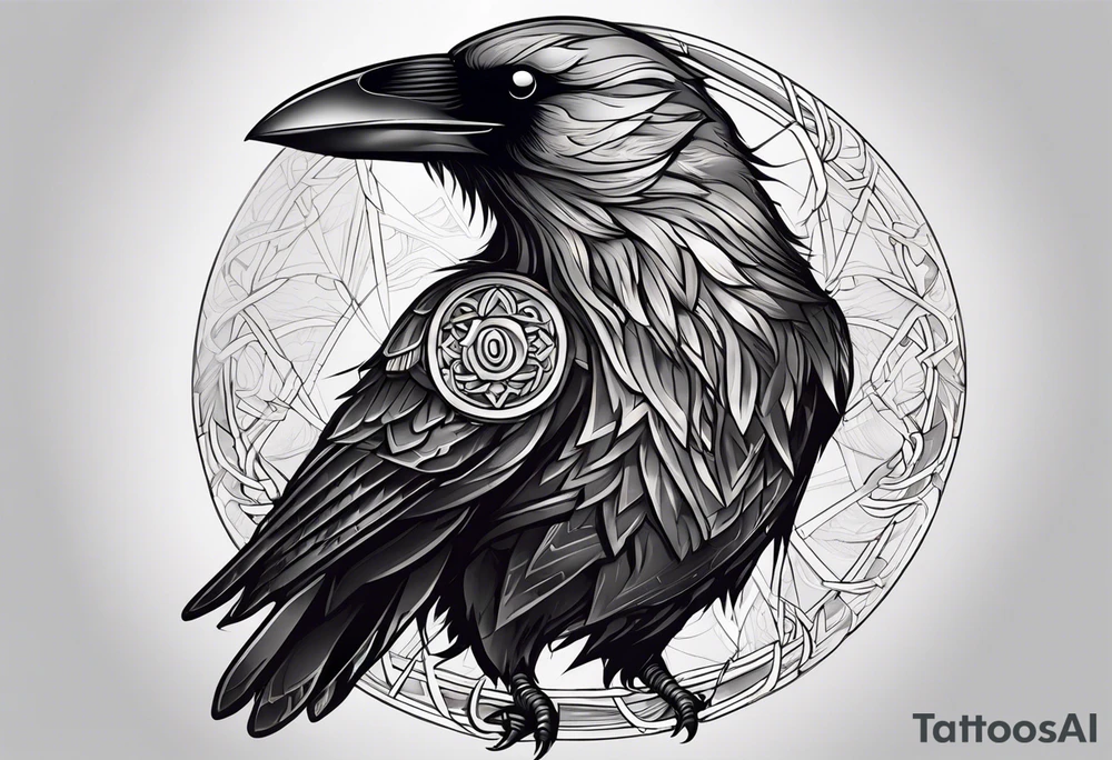 Create a crow which is set in the Viking's mythology, the tattoo must be full right-arm sized, add background tattoo idea