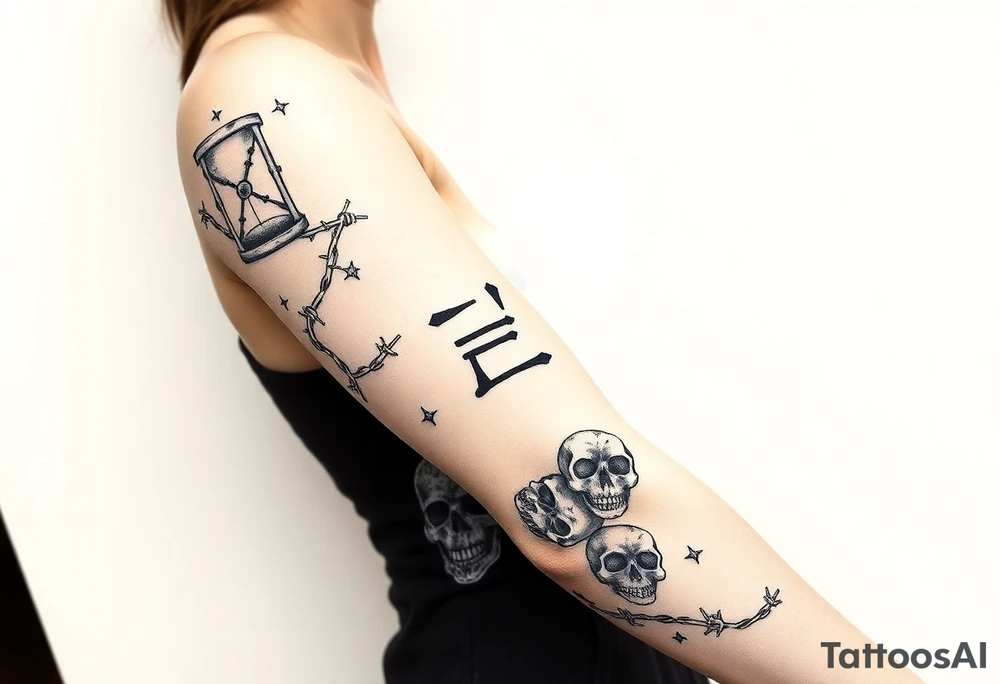 barbed wire hourglass bad luck vines bones skulls reaper a large text of 사랑은 아프다 tattoo idea