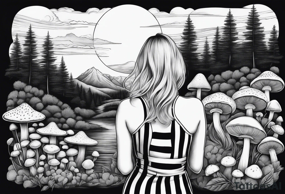Straight blonde hair girl holding mushrooms in hand facing away toward mountains surrounded by mushrooms circular design black and white striped dress tattoo idea