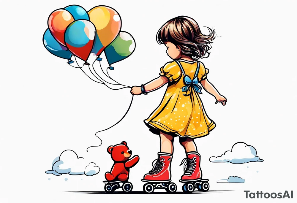 a little girl in a dress standing with a teddy bear in roller skates, flying a kite tattoo idea