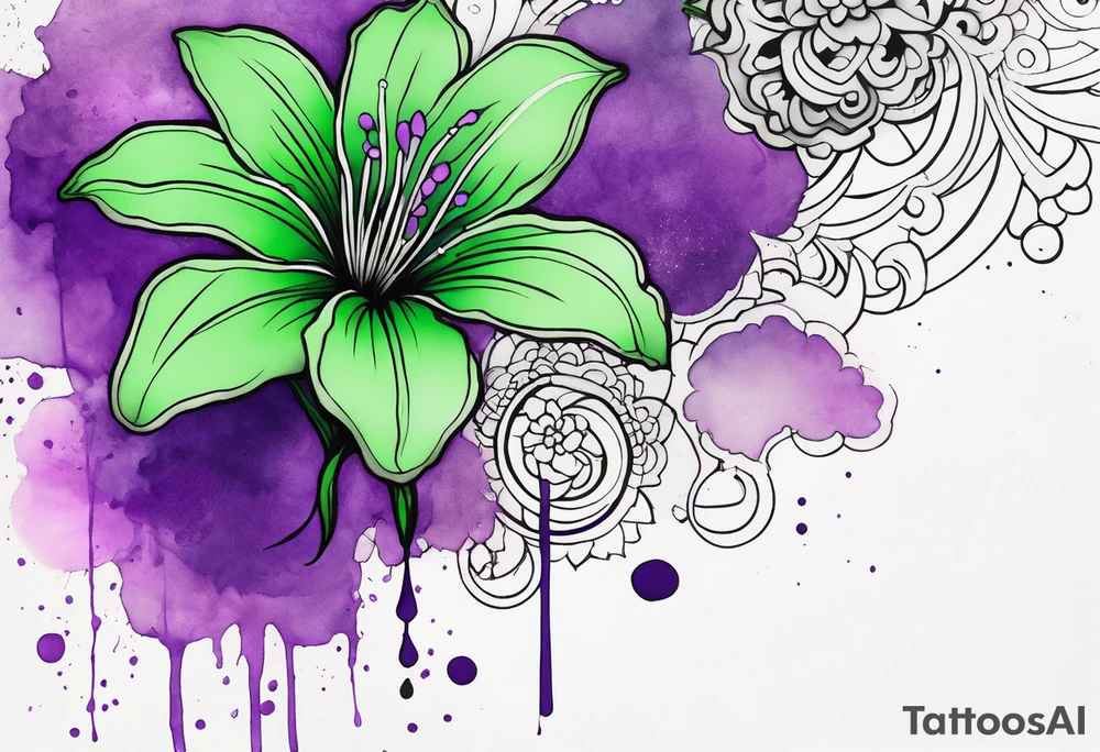 A mystical outline of a green with a bit of purple rio dipladenia flower and a green and purple watercolor splash in the background tattoo idea