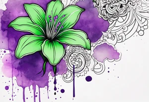 A mystical outline of a green with a bit of purple rio dipladenia flower and a green and purple watercolor splash in the background tattoo idea