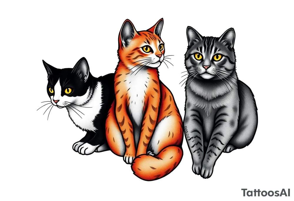 three cats, one black and white cat, one orange and white cat and one grey tabby cat tattoo idea