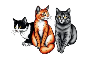 three cats, one black and white cat, one orange and white cat and one grey tabby cat tattoo idea