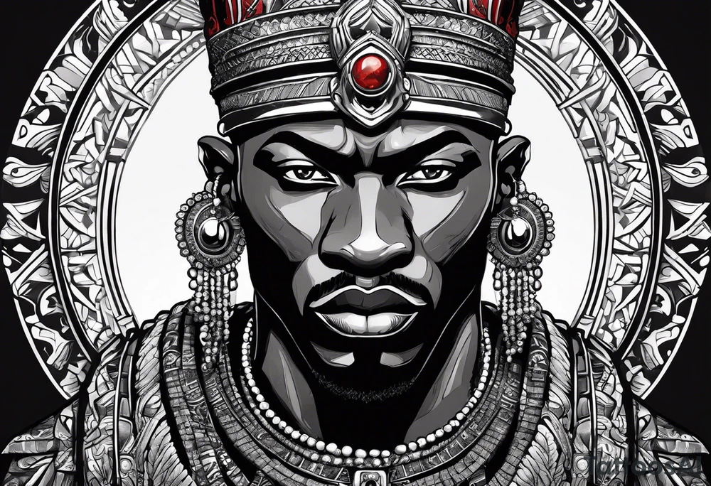 Black-skinned bald african warrior. He is a god of the war. Wears a simple red necklace and a silver crown tattoo idea