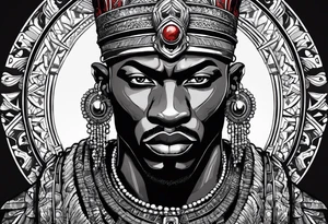 Black-skinned bald african warrior. He is a god of the war. Wears a simple red necklace and a silver crown tattoo idea