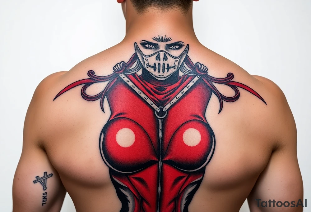 powerful female dominatrix wearing a red latex catsuit wearing a facemask tieing up her submissive tattoo idea