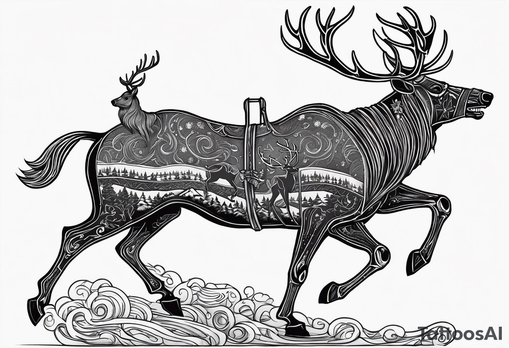 Hooded figure riding on a reindeer skeleton tattoo idea