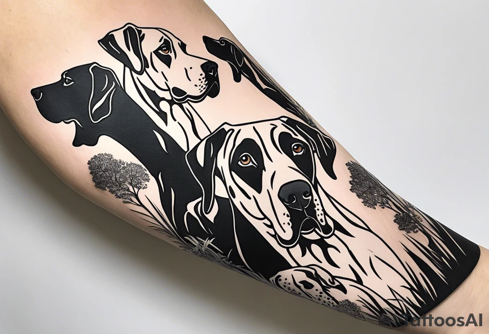 Arm sleeve that has 4 separate small Great Dane heads mixed in with other fill work that resembles the outdoors tattoo idea