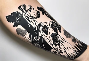 Arm sleeve that has 4 separate small Great Dane heads mixed in with other fill work that resembles the outdoors tattoo idea