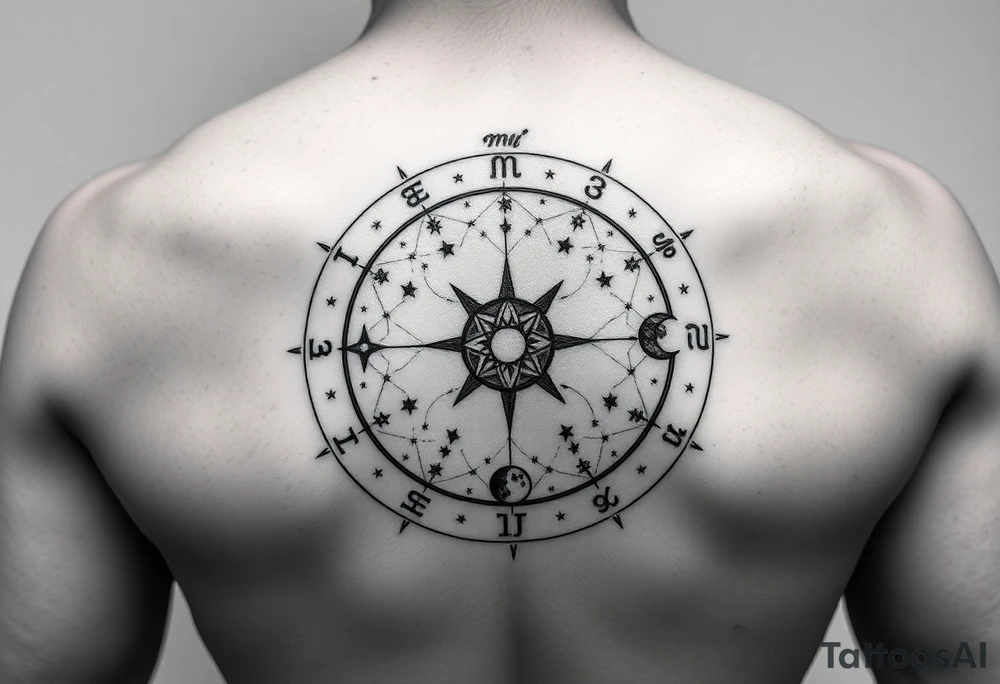 Zodiac constellation map with sagittarius mom two cancer kids and 2 aries kids with stars and Jupiter,  mars, and the moon as ruling planet tattoo tattoo idea