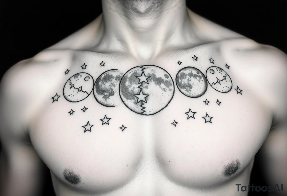 Breast plate and upper abs tattoo moons and stars cartoony tattoo idea