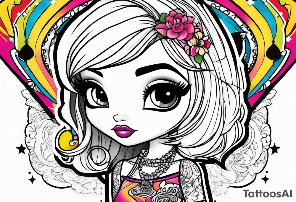 Bratz Doll Flash style Tattoo with black hair and curtain bangs, with a nose ring tattoo idea