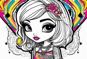 Bratz Doll Flash style Tattoo with black hair and curtain bangs, with a nose ring tattoo idea