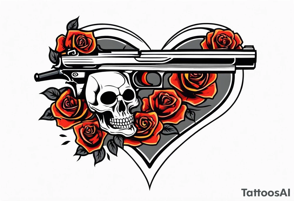 skull with a gun a  rose and an dominated by a  heart with  flames coming out of the top of it tattoo idea