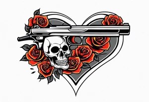 skull with a gun a  rose and an dominated by a  heart with  flames coming out of the top of it tattoo idea