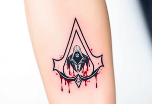 Assassins Creed emblem with Ezio character,. Weapons with blood splashes incorporated into logo. tattoo idea