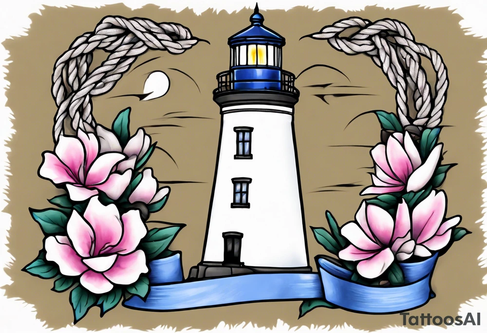 tattoo of a light house bordered by magnolia flowers and rope. In the background there is a periwinkle blue cancer awareness ribbon being lit up by the lighthouse tattoo idea