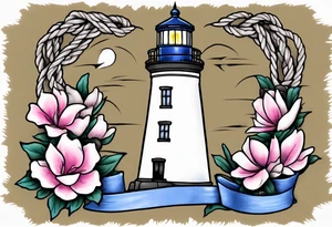 tattoo of a light house bordered by magnolia flowers and rope. In the background there is a periwinkle blue cancer awareness ribbon being lit up by the lighthouse tattoo idea