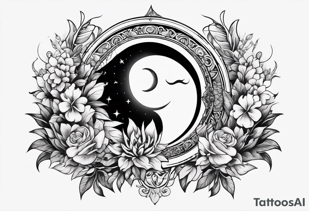 sun moon floral no shading or shadowing tattoo idea