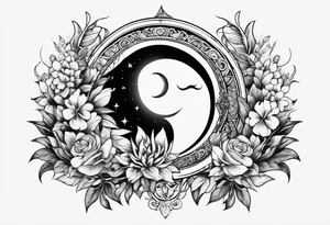 sun moon floral no shading or shadowing tattoo idea