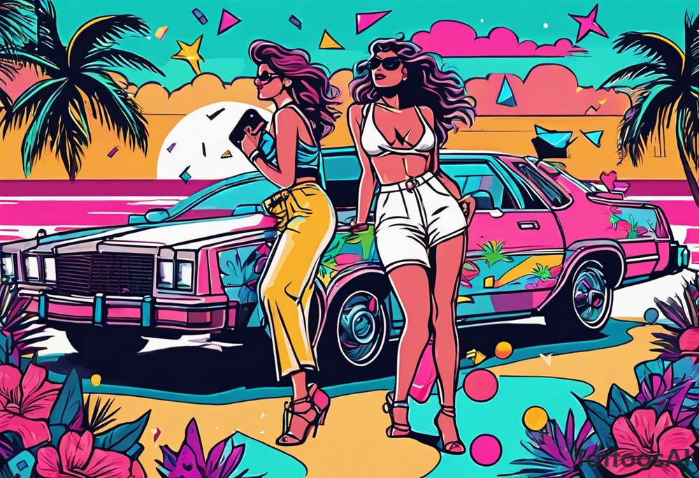 1980's miami vice style dance party with boom box, confetti, music notes in a retro eighties beach theme, no cars tattoo idea