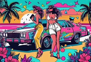 1980's miami vice style dance party with boom box, confetti, music notes in a retro eighties beach theme, no cars tattoo idea
