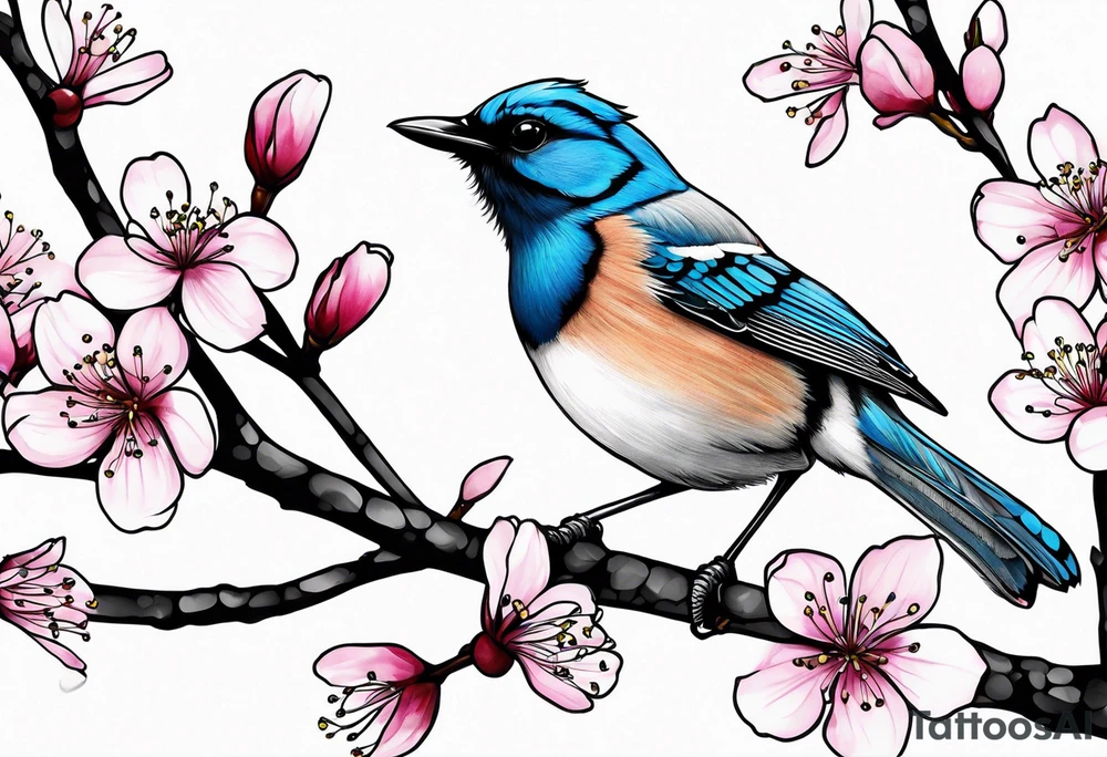 Stellar’s Jay bird on cherry blossoms tattoo for arm tattoo idea
