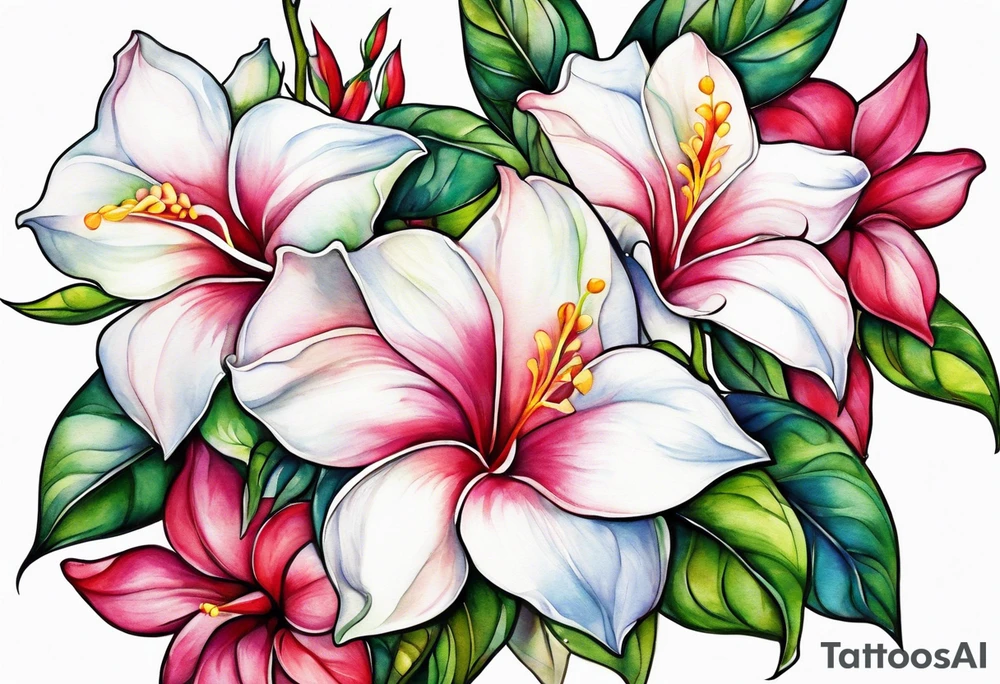 white background, abstract mandevilla flowers on a vine, part of it watercolor, part of it just line work tattoo idea