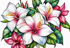 white background, abstract mandevilla flowers on a vine, part of it watercolor, part of it just line work tattoo idea