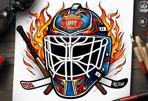 goalie mask with crossed hockey sticks and flames that says "SHOT HOCKEY" tattoo idea