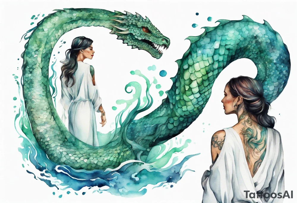 a sea serpent next to a women with blue-green in a white tunic tattoo idea