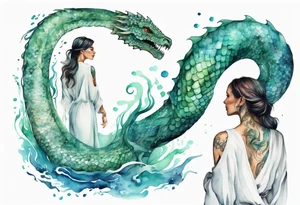 a sea serpent next to a women with blue-green in a white tunic tattoo idea
