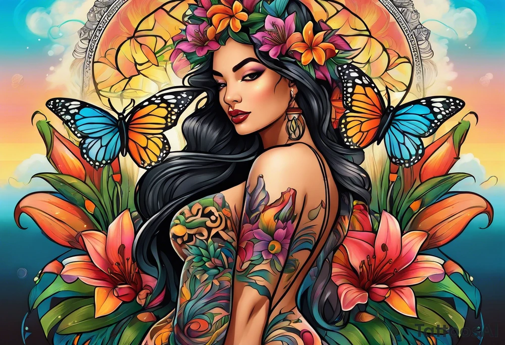 Forward-facing, portrait full length of Hispanic creation goddess standing upright.  Butterflies in background. Lillies near her feet with colorful vegetation. tattoo idea
