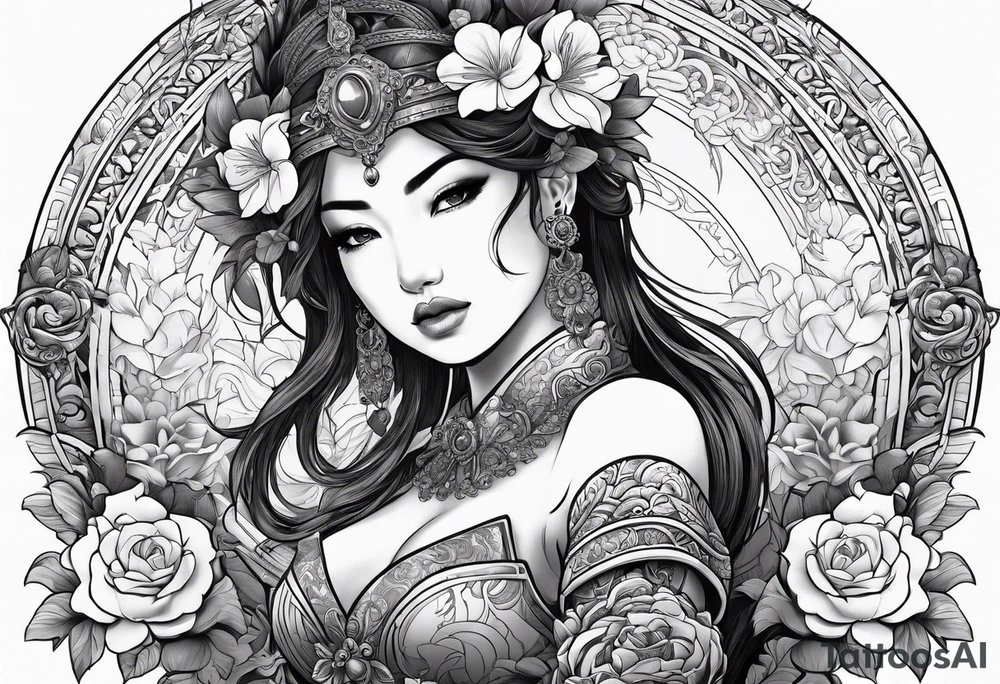 ornate beautiful woman warrior with weapon & floral arch background tattoo from head to torso tattoo idea