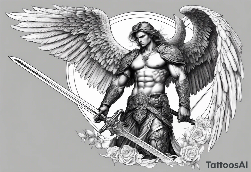 Arch angel fighting sword male full body heavenly tattoo idea