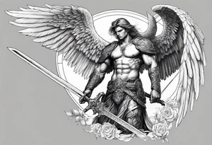 Arch angel fighting sword male full body heavenly tattoo idea