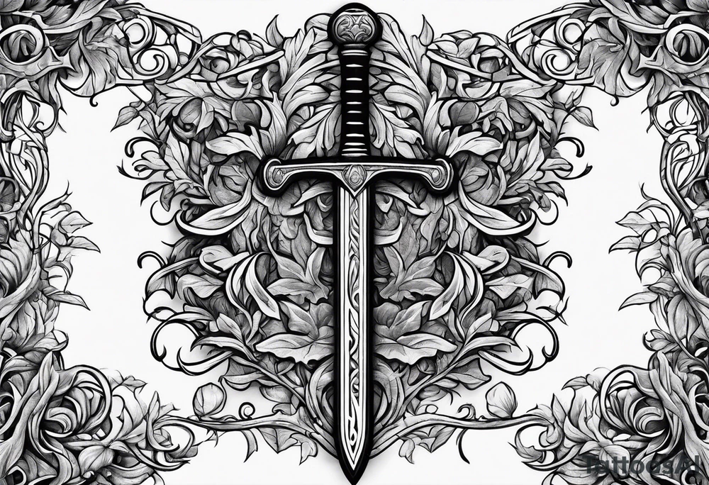 Leafy vines with sword tattoo idea