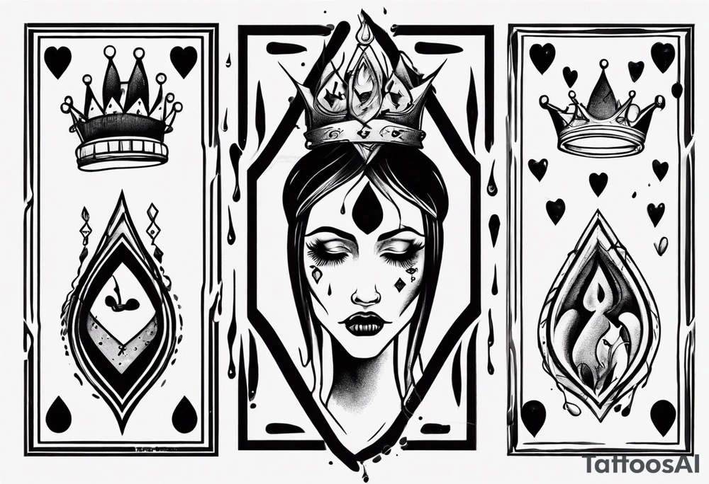 simple queen of hearts crying black tears, with blank eyes tattoo idea