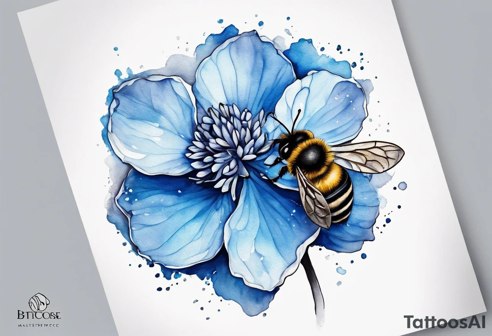 3 in by 2 in minimalist tattoo for forearm of a blue Hydrangea and a very small bee. tattoo idea