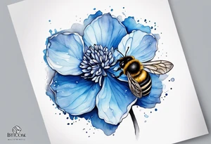 3 in by 2 in minimalist tattoo for forearm of a blue Hydrangea and a very small bee. tattoo idea