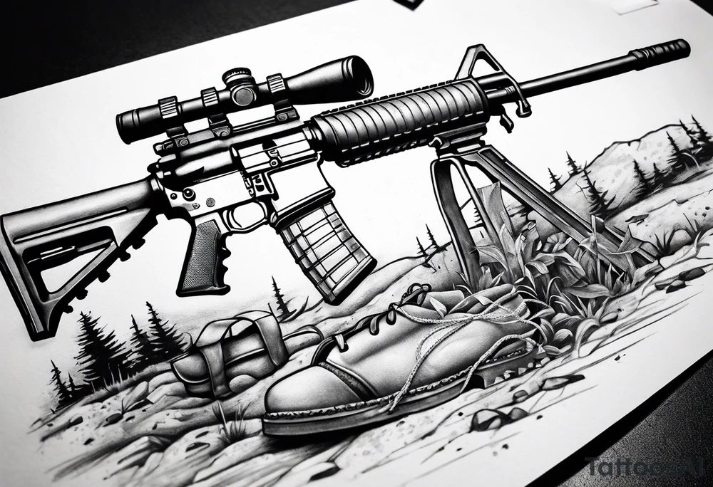 M4 rifle stuck in ground with boots at the base of the rifle and dog tags hanging from the grip tattoo idea