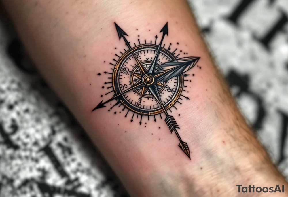 Rustic half compass half clock with and long native American arrow pointing at my wrist with the words “True North” tattoo idea