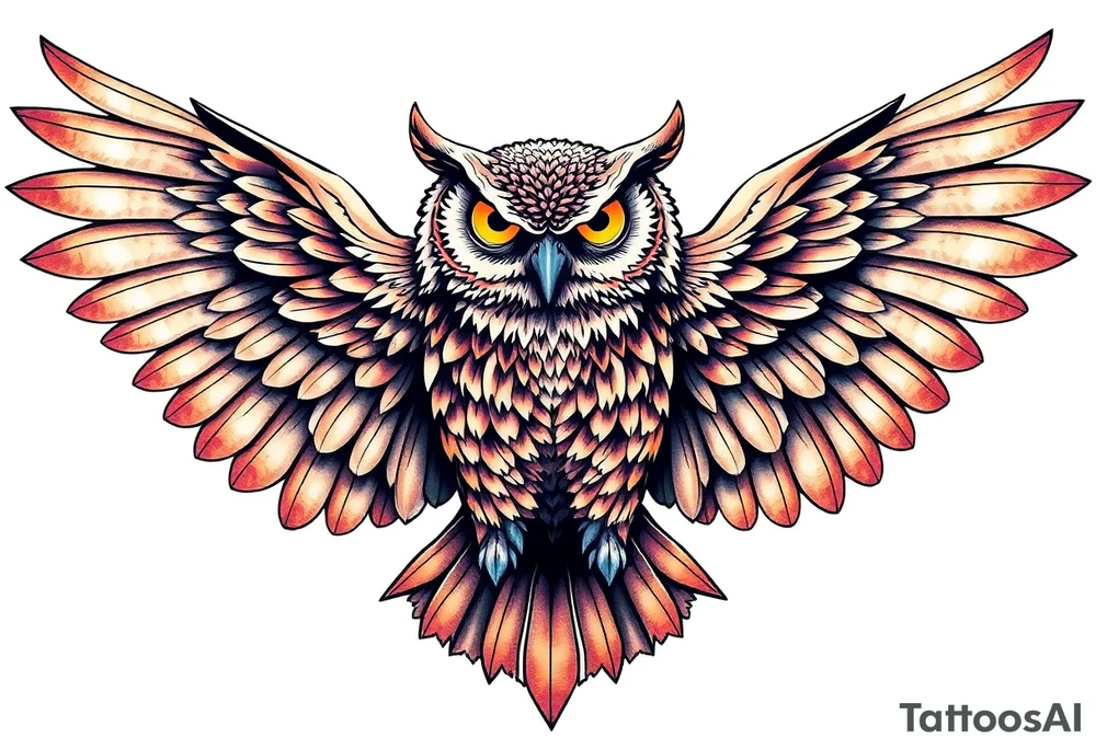 Majestic owl with huge wings spread out tattoo idea