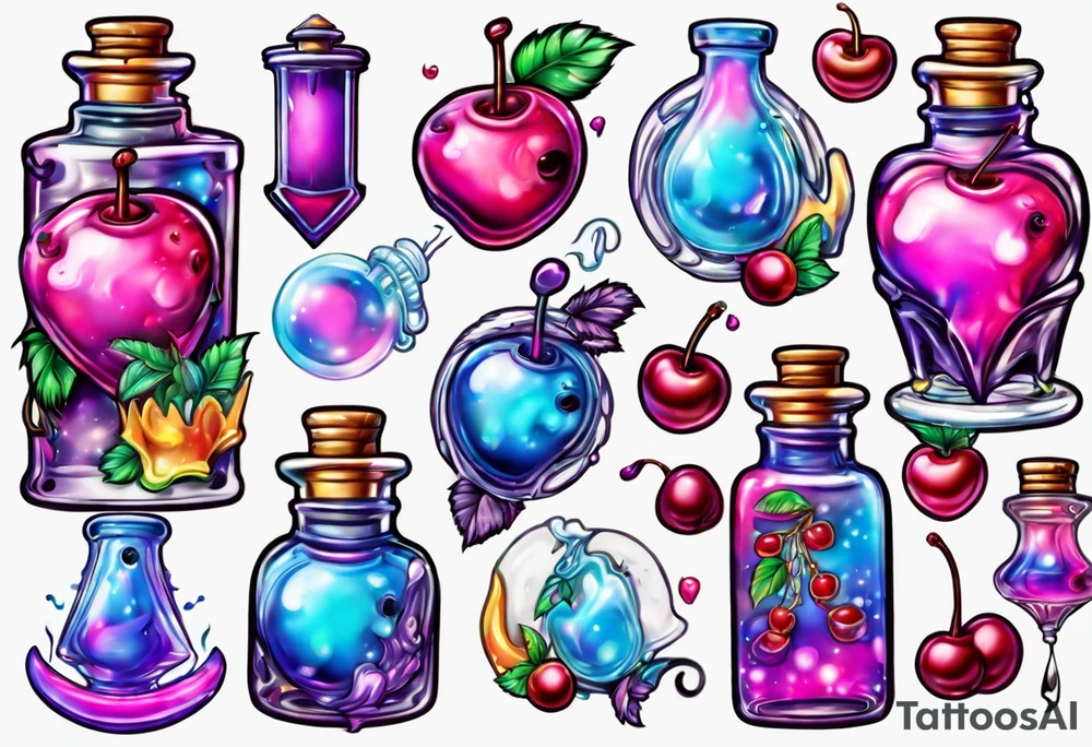 Lisa frank potion bottle with cherries inside tattoo idea