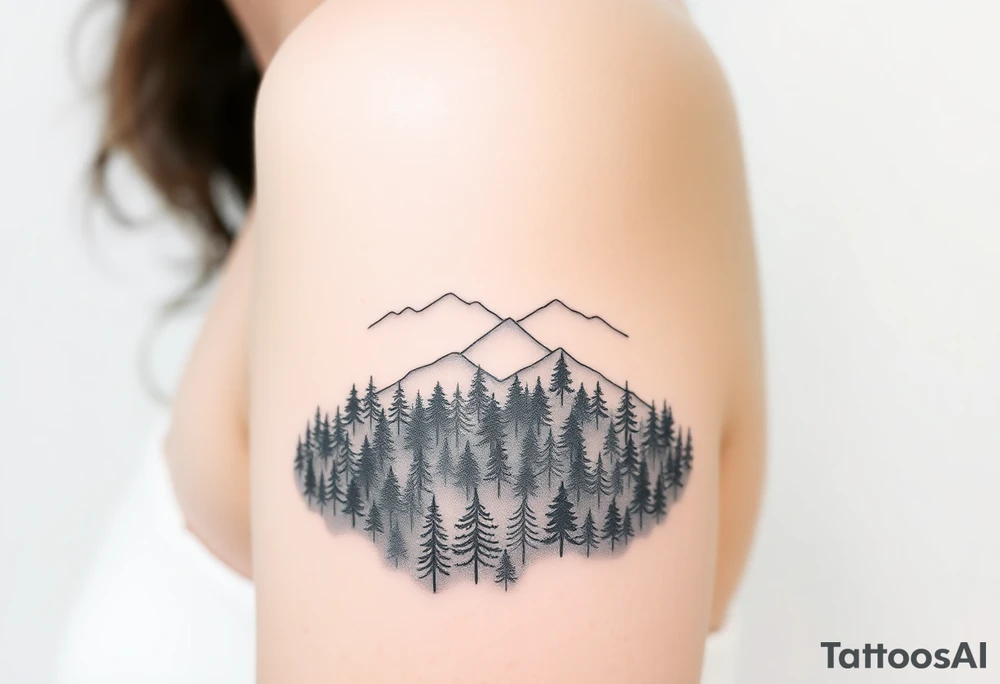 Fine line tattoo of a dense, misty forest at the bottom, leading into clear, distant mountains. The forest should be dark and intricate, while the mountains should gradually become clearer and brighter, symbolizing emotional transition. The design should be minimalist, black and white, and suitable for placement on the upper arm or upper back of the shoulder tattoo idea